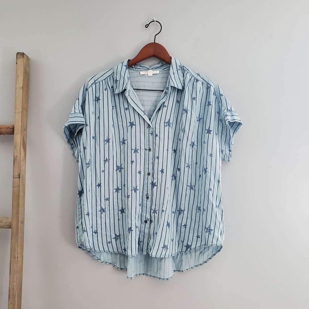 Jane + Delancey Blue Stars & Stripes Short Sleeve Button Down Top Size L